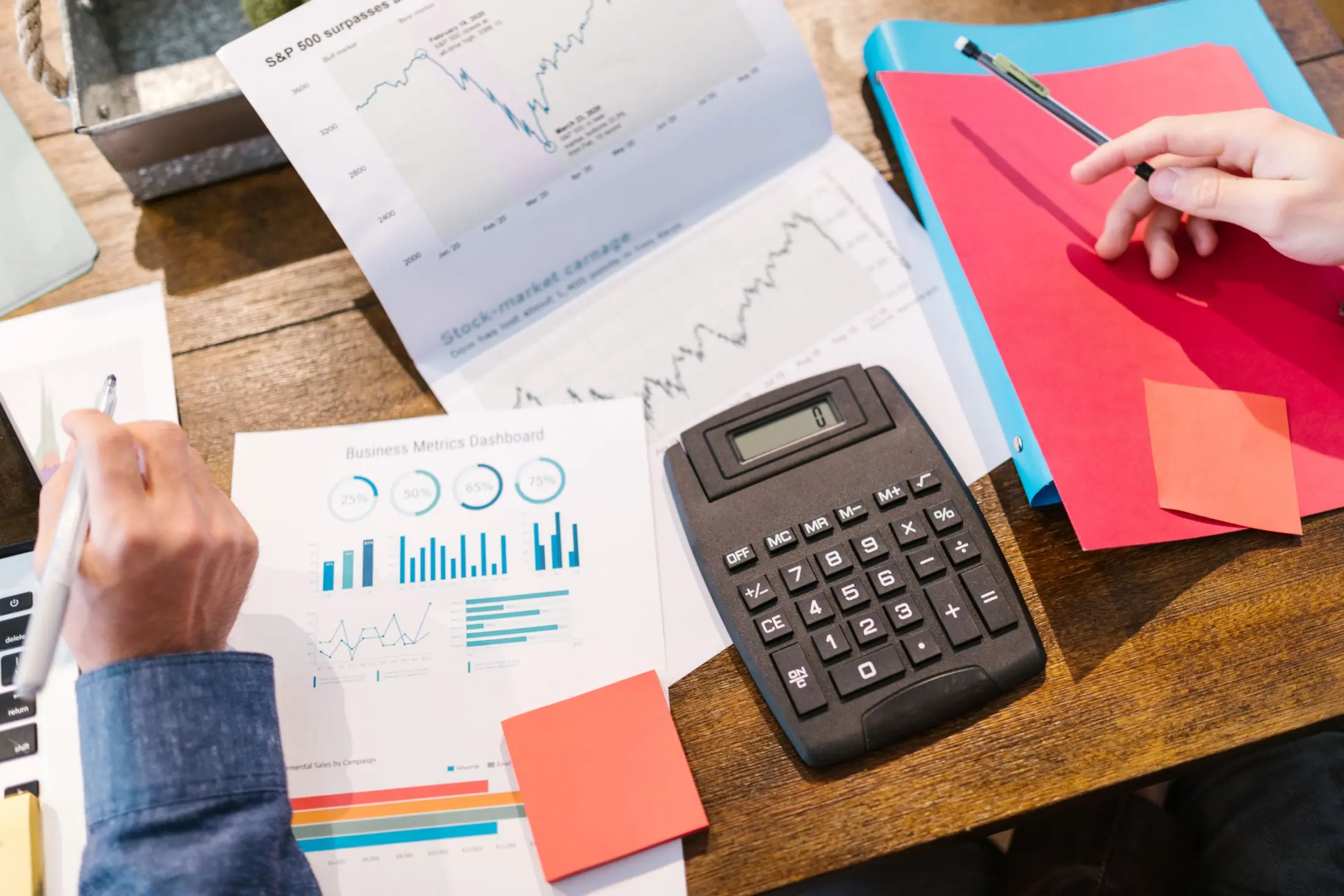 Business planning documents charts and calculator on a work desk